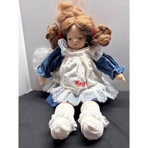 Lillian Vernon Sock Face Doll Vintage Megan Cloth Doll With Lace Dress & Red Bro